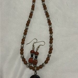 Brown and Silver Beaded Necklace and Earring Set